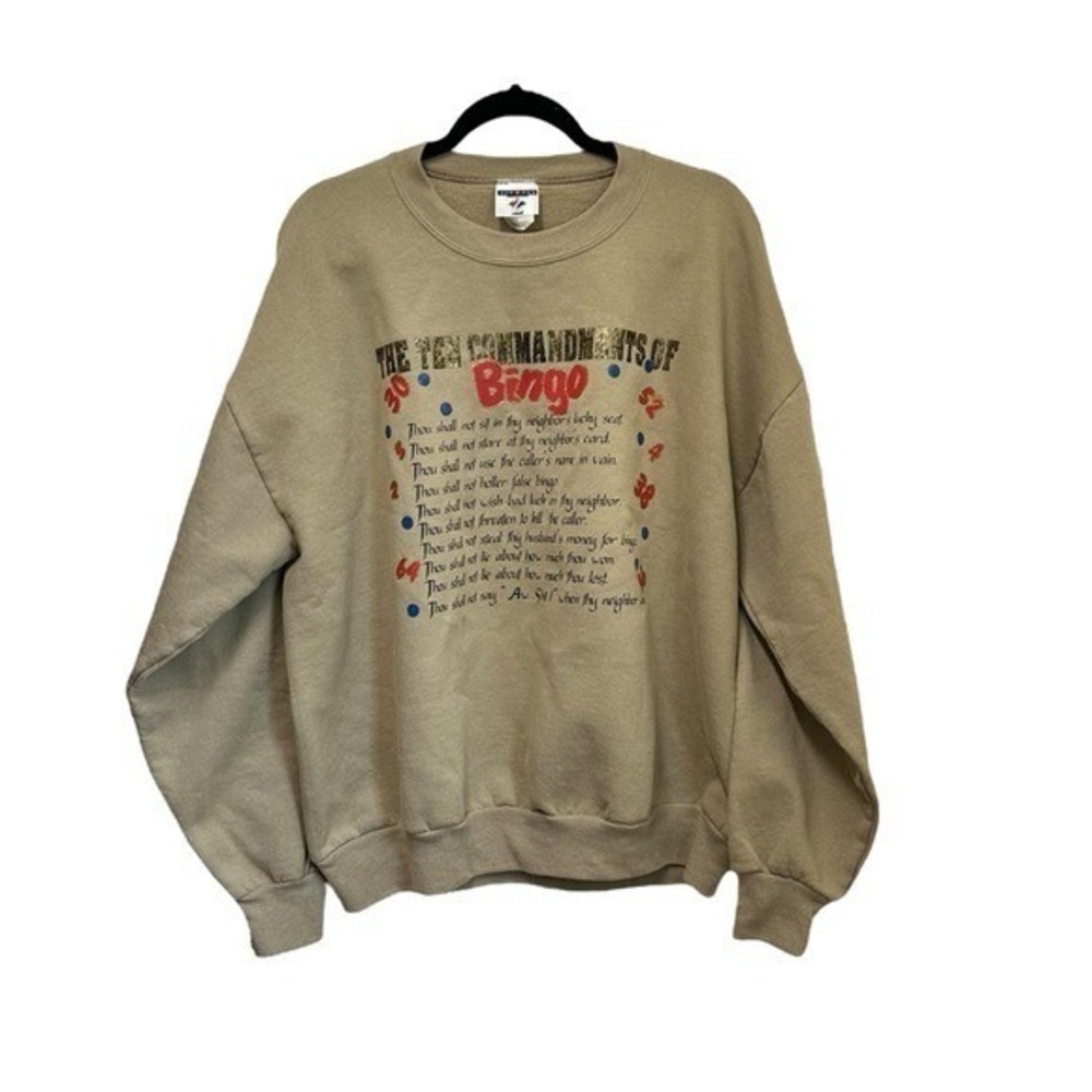Jerzees XL The Ten Commandments Of Bingo Sweatshirt Crew Neck Vingage 90's Tan